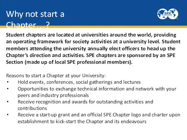 Why not start a Chapter…? Student chapters are located at