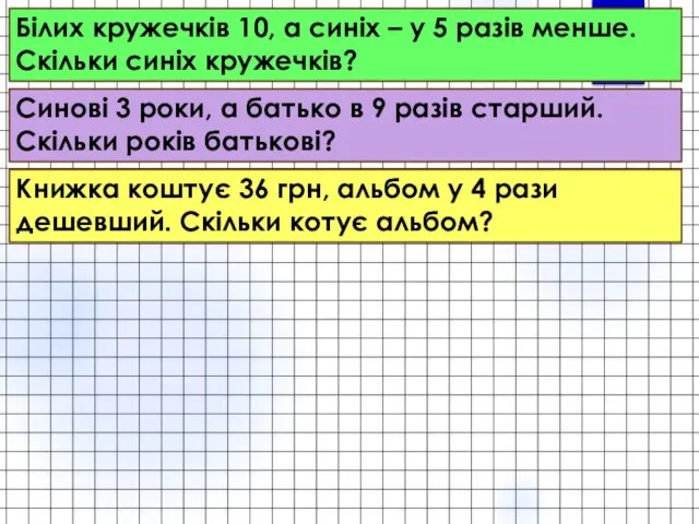 Білих кружечків 10, а синіх – у 5 разів менше.