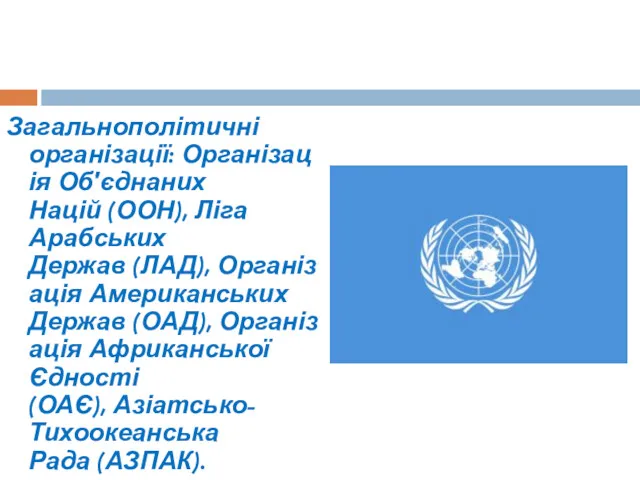 Загальнополітичні організації: Організація Об'єднаних Націй (ООН), Ліга Арабських Держав (ЛАД),