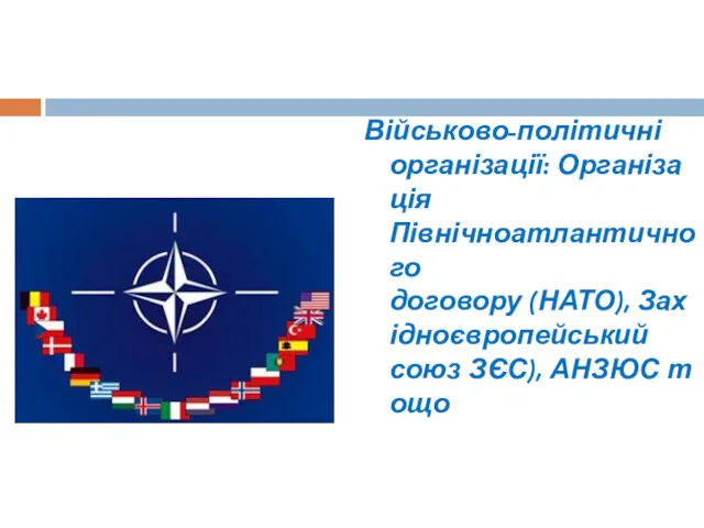 Військово-політичні організації: Організація Північноатлантичного договору (НАТО), Західноєвропейський союз ЗЄС), АНЗЮС тощо