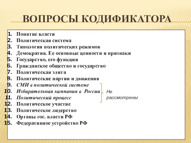 ВОПРОСЫ КОДИФИКАТОРА Понятие власти Политическая система Типология политических режимов Демократия.