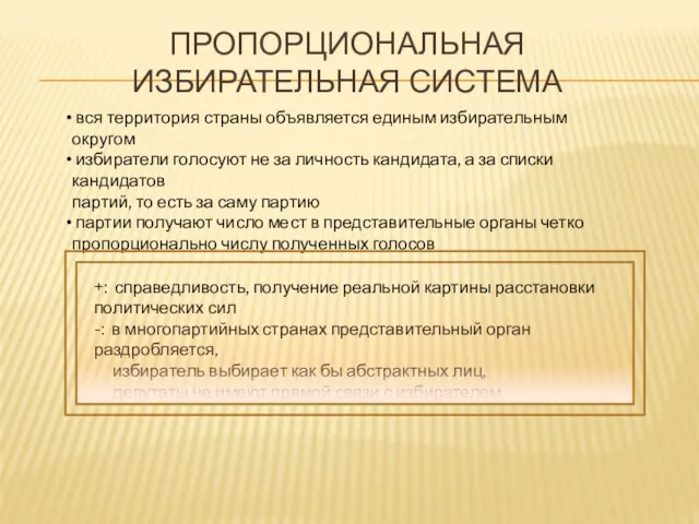 ПРОПОРЦИОНАЛЬНАЯ ИЗБИРАТЕЛЬНАЯ СИСТЕМА вся территория страны объявляется единым избирательным округом