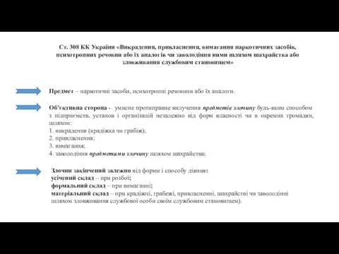 Ст. 308 КК України «Викрадення, привласнення, вимагання наркотичних засобів, психотропних