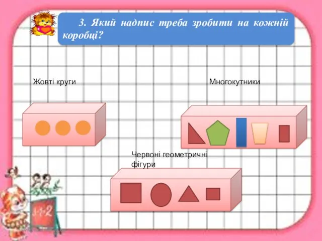 www.teach-inf.at.ua 3. Який надпис треба зробити на кожній коробці? Жовті круги Многокутники Червоні геометричні фігури