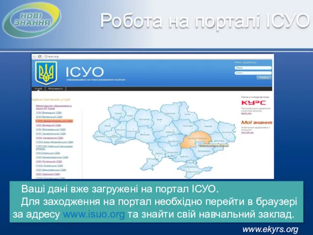 www.ekyrs.org Робота на порталі ІСУО Ваші дані вже загружені на