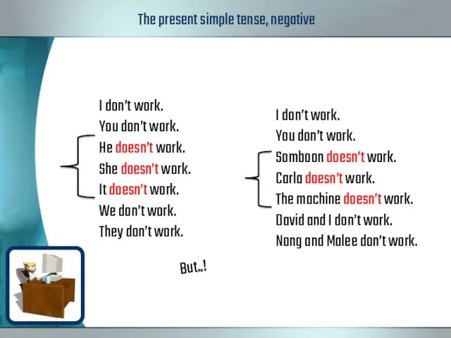 The present simple tense, negative I don’t work. You don’t