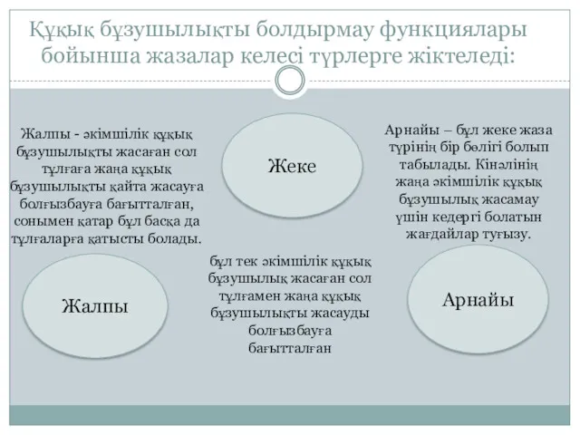 Құқық бұзушылықты болдырмау функциялары бойынша жазалар келесі түрлерге жіктеледі: Жалпы