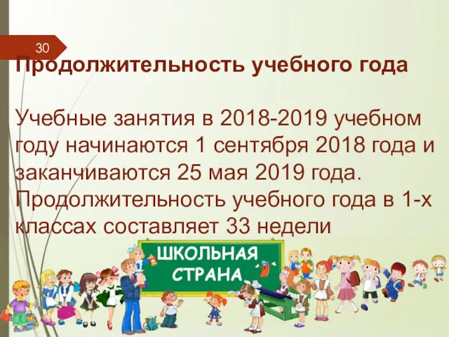 Продолжительность учебного года Учебные занятия в 2018-2019 учебном году начинаются