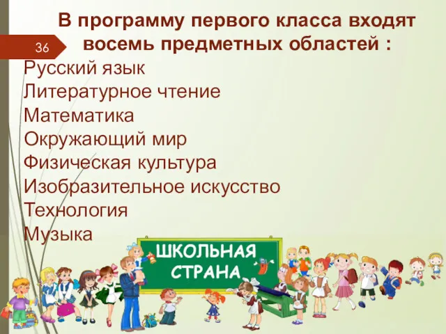 В программу первого класса входят восемь предметных областей : Русский