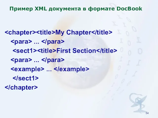 Пример XML документа в формате DocBook My Chapter ... First Section ... ...