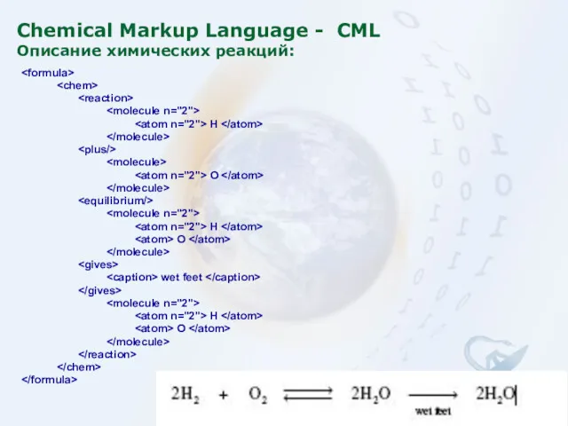 Chemical Markup Language - CML Описание химических реакций: H O H O wet feet H O