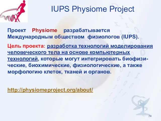 IUPS Physiome Project Проект Physiome разрабатывается Международным обществом физиологов (IUPS).