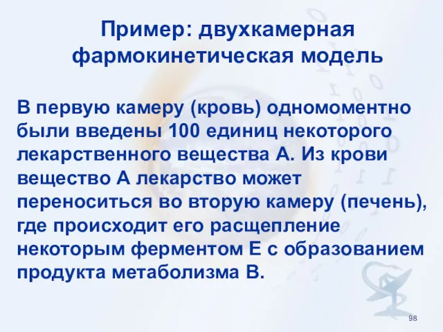 Пример: двухкамерная фармокинетическая модель В первую камеру (кровь) одномоментно были