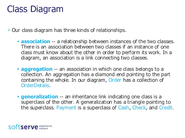 Class Diagram Our class diagram has three kinds of relationships.