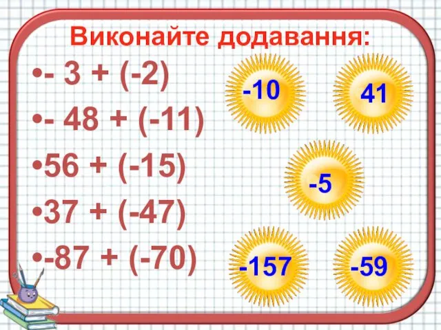 Виконайте додавання: - 3 + (-2) - 48 + (-11)