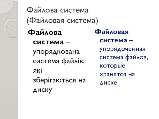 Файлова система (Файловая система) Файлова система – упорядкована система файлів,