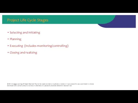 Project Life Cycle Stages Selecting and initiating Planning Executing (includes monitoring/controlling) Closing and