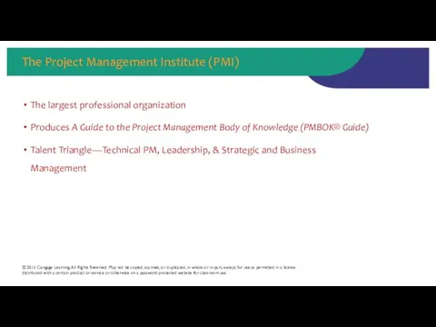 The Project Management Institute (PMI) The largest professional organization Produces A Guide to