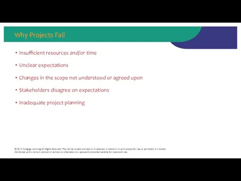 Why Projects Fail Insufficient resources and/or time Unclear expectations Changes in the scope