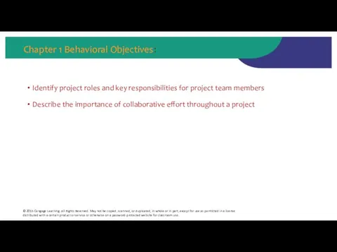 Chapter 1 Behavioral Objectives: Identify project roles and key responsibilities for project team