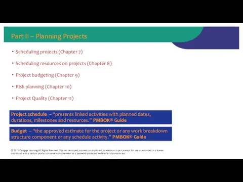 Part II – Planning Projects Scheduling projects (Chapter 7) Scheduling resources on projects