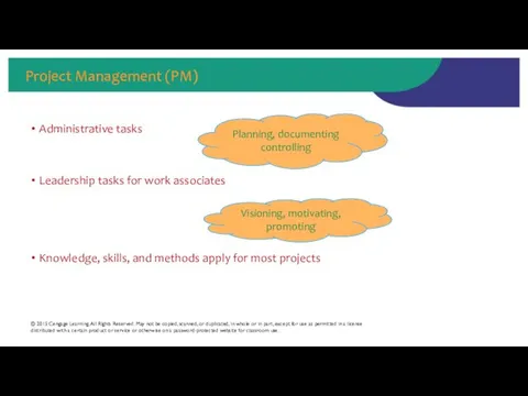 Project Management (PM) Administrative tasks Leadership tasks for work associates Knowledge, skills, and