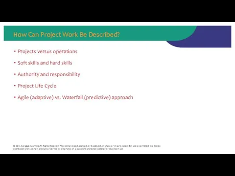 How Can Project Work Be Described? Projects versus operations Soft skills and hard