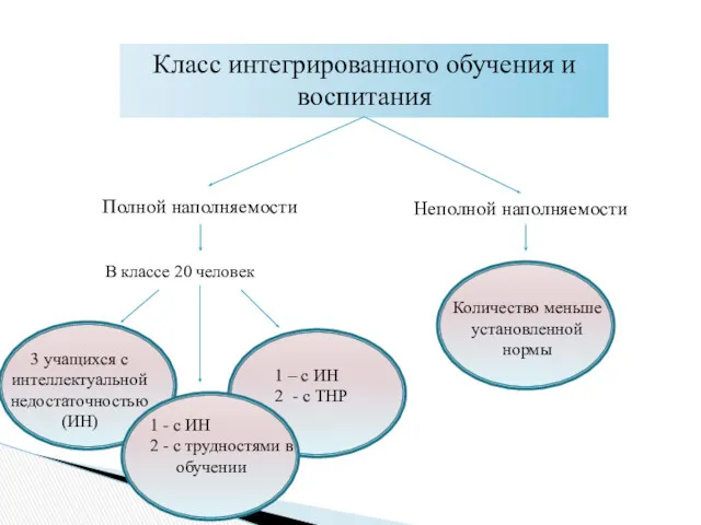 Класс интегрированного обучения и воспитания Полной наполняемости Неполной наполняемости В классе 20 человек