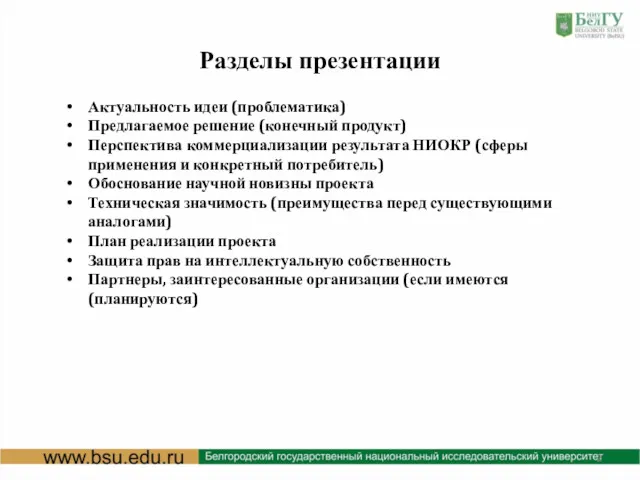 Разделы презентации Актуальность идеи (проблематика) Предлагаемое решение (конечный продукт) Перспектива