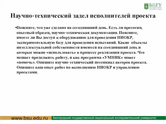 Научно-технический задел исполнителей проекта Поясните, что уже сделано на сегодняшний