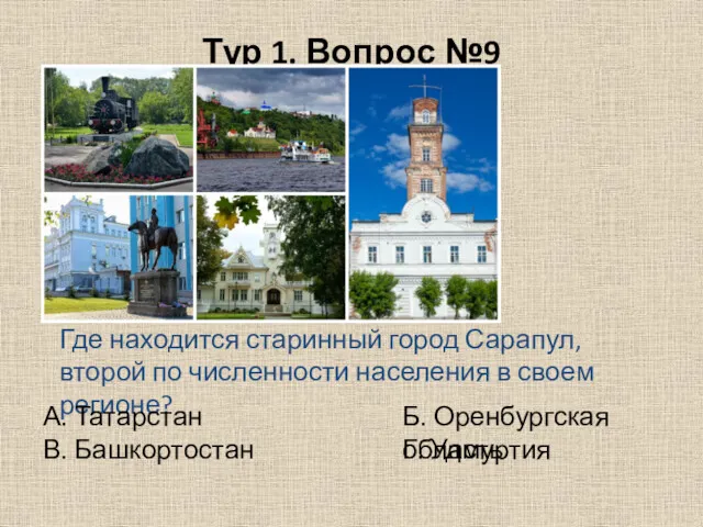 Тур 1. Вопрос №9 Где находится старинный город Сарапул, второй