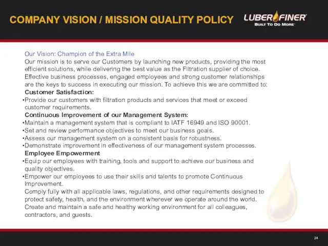 COMPANY VISION / MISSION QUALITY POLICY Our Vision: Champion of