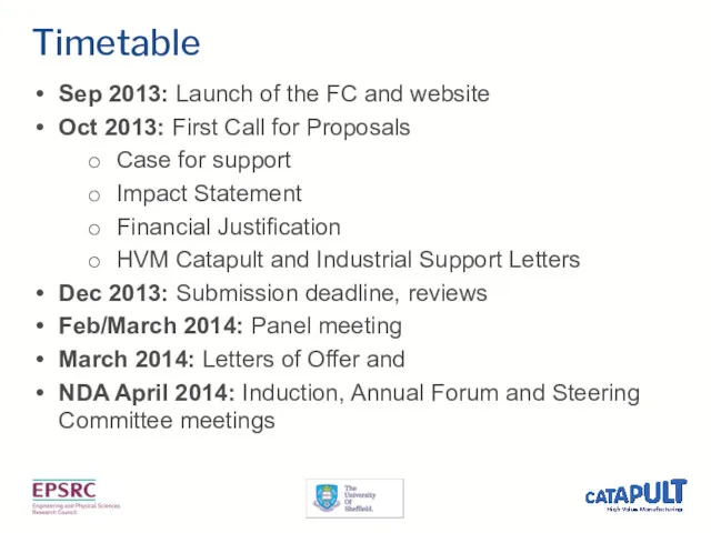 Timetable Sep 2013: Launch of the FC and website Oct