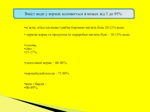 Вміст води у кормах коливається в межах від 5 до