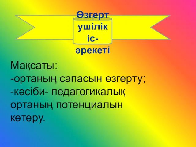 Мақсаты: -ортаның сапасын өзгерту; -кәсіби- педагогикалық ортаның потенциалын көтеру. Өзгертушілік іс- әрекеті