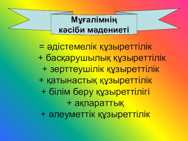 = әдістемелік құзыреттілік + басқарушылық құзыреттілік + зерттеушілік құзыреттілік +