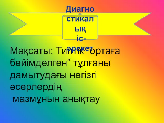 Мақсаты: Типтік “ортаға бейімделген” тұлғаны дамытудағы негізгі әсерлердің мазмұнын анықтау Диагностикалық іс- әрекет