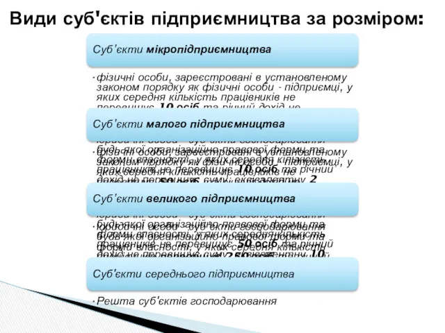 Види суб'єктів підприємництва за розміром: Суб’єкти мікропідприємництва фізичні особи, зареєстровані