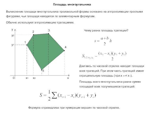 Площадь многоугольника Вычисление площади многоугольника произвольной формы основано на аппроксимации