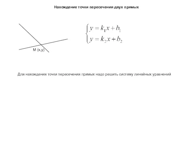 Нахождение точки пересечения двух прямых Для нахождения точки пересечения прямых надо решить систему линейных уравнений