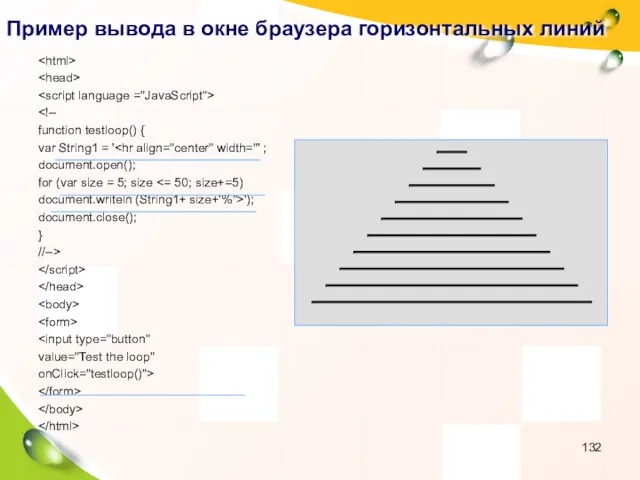 Пример вывода в окне браузера горизонтальных линий function testloop() {