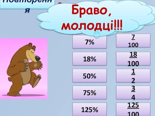 Повторення Запишіть відсотки у вигляді звичайного дробу або мішаного числа