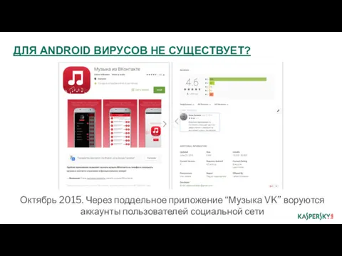 Октябрь 2015. Через поддельное приложение “Музыка VK” воруются аккаунты пользователей