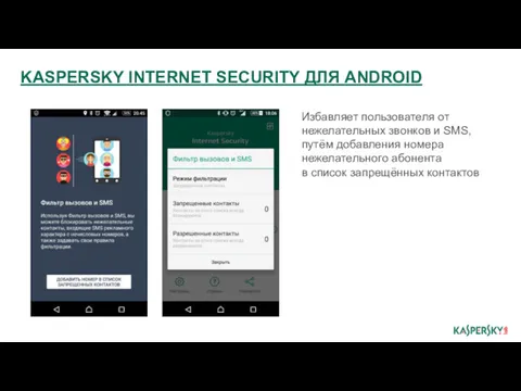 KASPERSKY INTERNET SECURITY ДЛЯ ANDROID Избавляет пользователя от нежелательных звонков