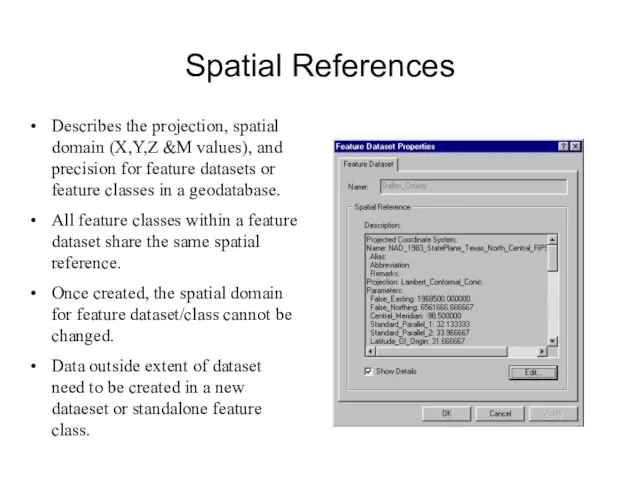 Spatial References Describes the projection, spatial domain (X,Y,Z &M values),