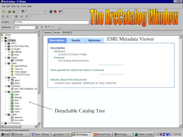 The ArcCatalog Window Detachable Catalog Tree ESRI Metadata Viewer