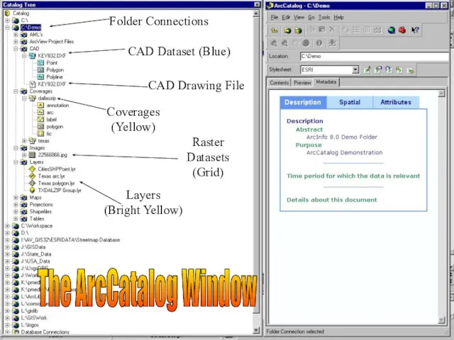 CAD Dataset (Blue) Coverages (Yellow) Raster Datasets (Grid) Layers (Bright