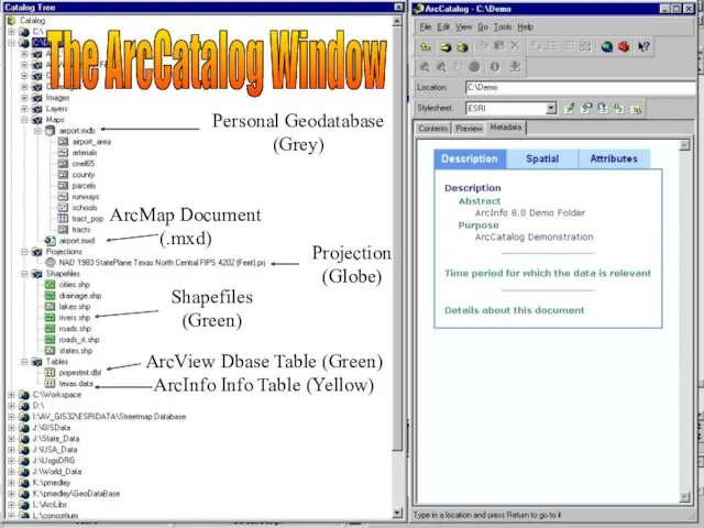 Personal Geodatabase (Grey) ArcMap Document (.mxd) Projection (Globe) Shapefiles (Green)