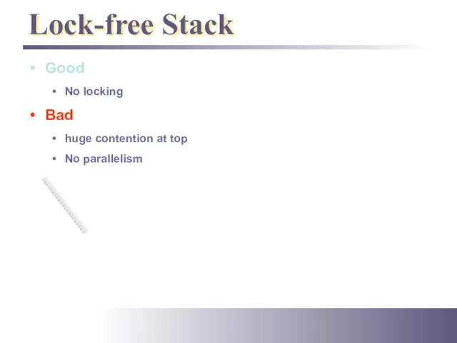 Lock-free Stack Good No locking Bad huge contention at top No parallelism