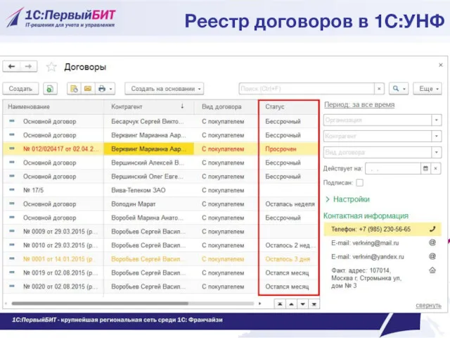 Реестр договоров в 1С:УНФ